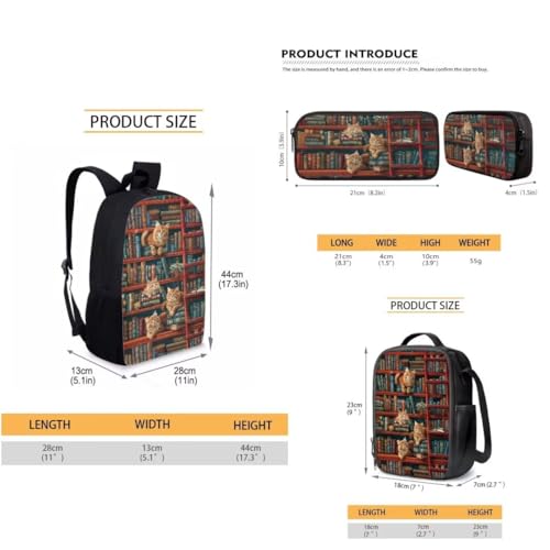 Bookshelf Cat Girls Backpack Elementary School Backpack with Lunch Box Pencil Case Kindergarten Elementary Middle School Bag Sets Kids Bookbags3