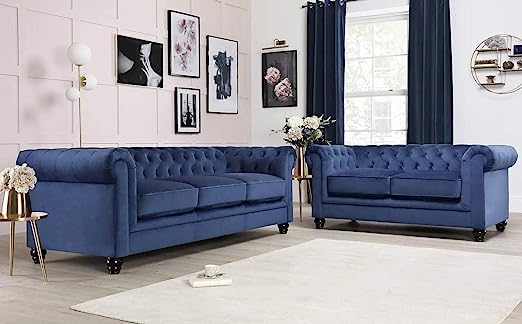 Image of 5 Seater Luxury Chesterfield Sofa in Velvet for Living Room & Dining Room (100% Teak Wood) (Blue)
