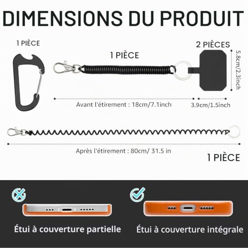 Irikdescia Lot de 2 lanières de téléphone portable - Anti-vol - Avec mousqueton - Maintien sûr pour smartphone - Pour la plupart des téléphones portables - Noir – vue 2