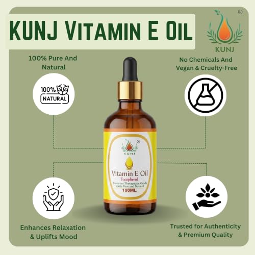Image of KUNJ Vitamin E Oil 100ml - 100% Pure & Natural | Vitamin E Oil for Face, Skin Glow, Hair & Nail Care | Lightweight Non-Sticky Oil for Moisturizing & DIY Beauty Blends