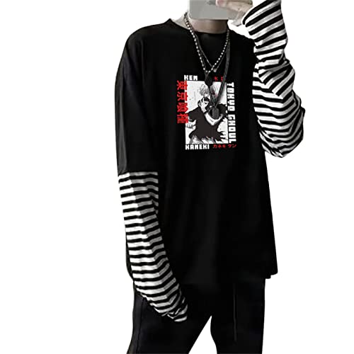 Image of XUNGHO Japanese Anime Tokyo Ghoul T-Shirts Long Sleeve Harajuku Kaneki Ken Printed Oversized Patchwork Striped Fake Two Piece T-Shirts