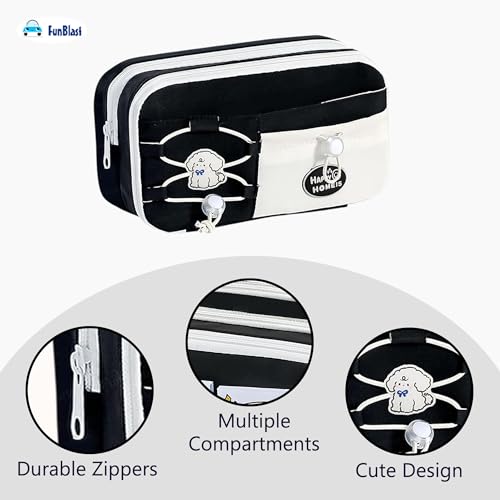 Image of FunBlast Pencil Pouch for Girls - Aesthetic Multi-Compartment Zipper Pouch with Drawstring Pocket, Cute Kawaii Pencil Case, Stylish Stationery Pouch, Return Gift for Kids & School Use (Black2)