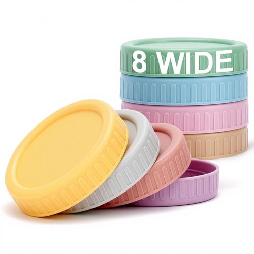 Vaincre 8PCS Wide Mouth Mason Jar Lids, Plastic Mason Jar Canning Lids Tops, Reusable Leak Proof Canning Covers with Silicone Rings for Ball, Kerr and More, Dishwasher Safe