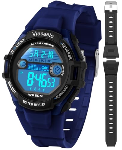Viecaeio Kids Digital Watch for Boys Girls Ages 5-18, 50M Waterproof & Shockproof Sports Watch with 7-Color LED Backlight, Alarm, Stopwatch, Calendar, 2 Soft BPA-Free Silicone Straps