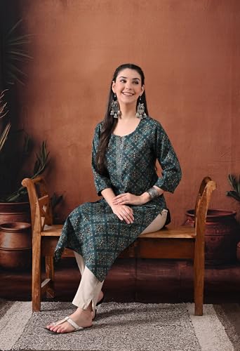 Image of Ichaa Women's Pure Cotton Embroidered Round-Neck Ethnic Kurta with 3 /4th Sleeve for Daily and Office Wear, in Plus Sizes