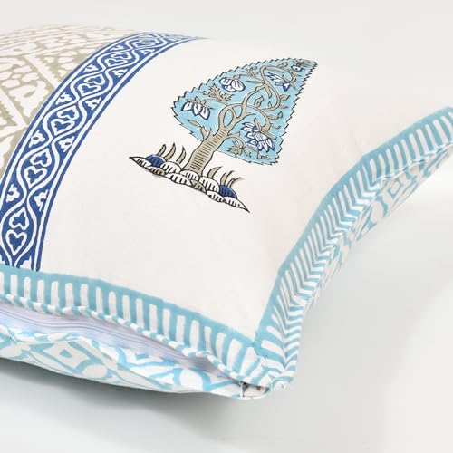 Image of BLOCKS OF INDIA Hand Block Printed Cotton,300 TC Cushion Cover (16 X 16 Inches) (Cushion 6), Blue