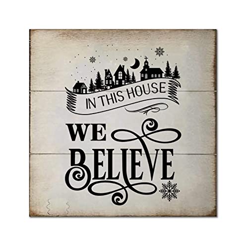 Plaque murale en bois In This House We Believe déco salon 30 cm
