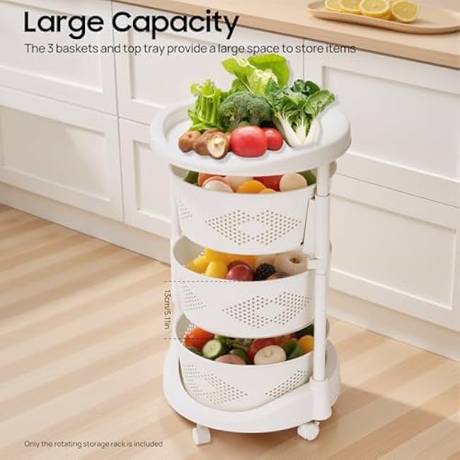 3-Tier Rotating Fruit Basket,Height Adjusted Storage Rack Cart with Brakes,White Round Basket Organizer on Wheels for Kitchens, Bathrooms, Balconies, Offices-LP0300M1
