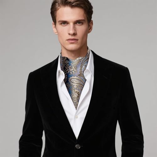 Image of Hi-Tie Silk Ascot for Men Self Tie Men's Cravat and Flower Lapel Pin Handkerchief Cufflinks Set for Wedding Party