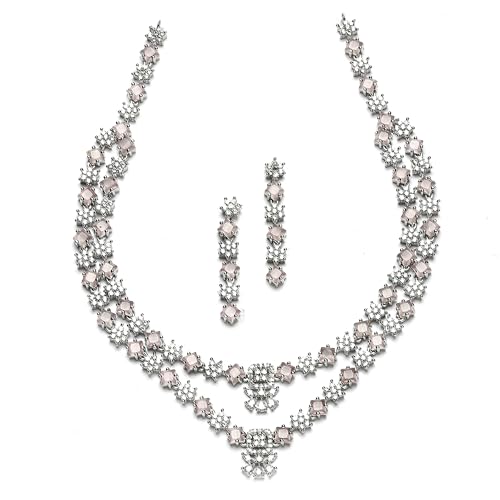 Image of ZENEME Rhodium-Plated American Diamond Studded Star Shaped Layered Necklace With Earrings Jewellery Set For Girls and Women