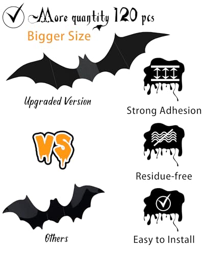 120 Pcs Halloween Decorations 3D Bats Decor, 4 Sizes Scary Halloween Decor Indoor Bat Stickers Decorations for Bedroom Bathroom Door Wall Party Decoration