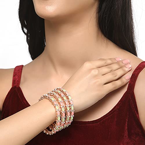 Image of ZENEME Rose Gold-Plated Lime Green & White Oval Shaped AD studded Handcrafted Bangles Set for Girls and Women (Set Of 4) (2.8)