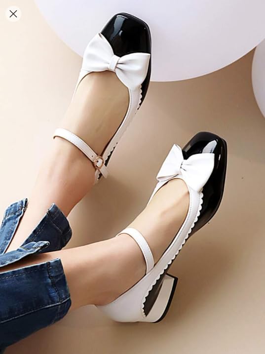 Image of Shoetopia Women's Black & White Mary Jane Heels | Retro Bow Detail Pumps with Strap | Low Heel Dress for Party, Casual & Wedding
