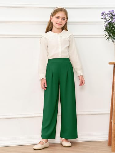 Image of Haloumoning Girls Uniform Pants Kids Wide Leg Dress Pants 5-14 Years | High Waisted, Casual Trousers, With Pockets