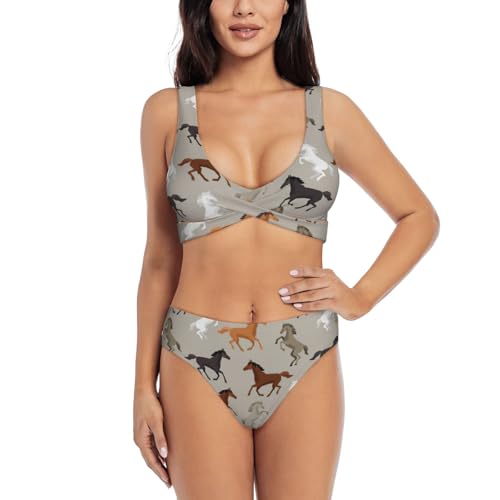 Bikini 2 pièces femme imprimé cheval mignon : maillot de bain de plage et piscine