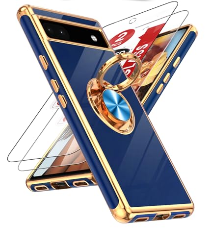 Coque Google Pixel 6A LeYi bleue avec 2 verres trempés et anneau rotatif