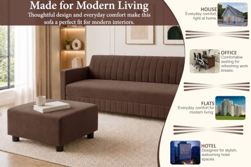 Image of Modern 3-Seater Velvet Sofa with Ottoman | Vertical Channel Tufted Backrest | Plush Cushioned Seating | Stylish Contemporary Sofa for Living Room, Bedroom & Office | Brown
