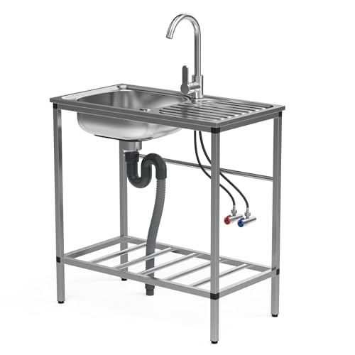 Stainless Steel Utility Sink Set, Freestanding Single Bowl Kitchen Sink, Outdoor Sink Station with Hose Hook Up, Storage Shelves for Garage, Restaurant, Kitchen, Laundry Room (Stainless Steel)