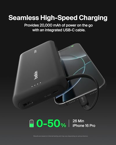 Image of Belkin Power Bank with Integrated Cable, Fast Charging USB-C, 20000 mAh 30W, Portable Charger Power Bank USB C for iPhone 17, Air, Pro, Pro Max, iPad, AirPods, Apple Watch, Galaxy S25, & More - Black
