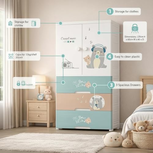 Image of Strassis Design 4- Door Plastic Wardrobe for Kids| Almirah and Wardrobe for Baby Clothes| Modular Storage Cabinet with Wheel Organizer for Cupboard Rack for Clothes /Shoes /Books /Toy (Funny Bear-SJ6514)