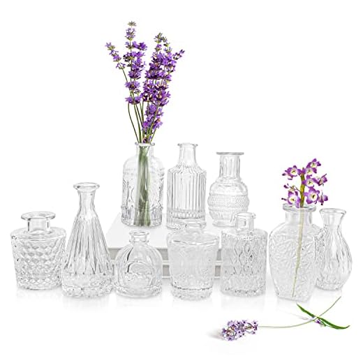 ABOUT SPACE Glass Bud Flower Vase – Pack of 10 Clear Glass Centrepiece for Mini Flowers-Sturdy Textured Drop Shaped Antique Collections for Wedding Decorations & Table Top Decor for Home,Restaurants