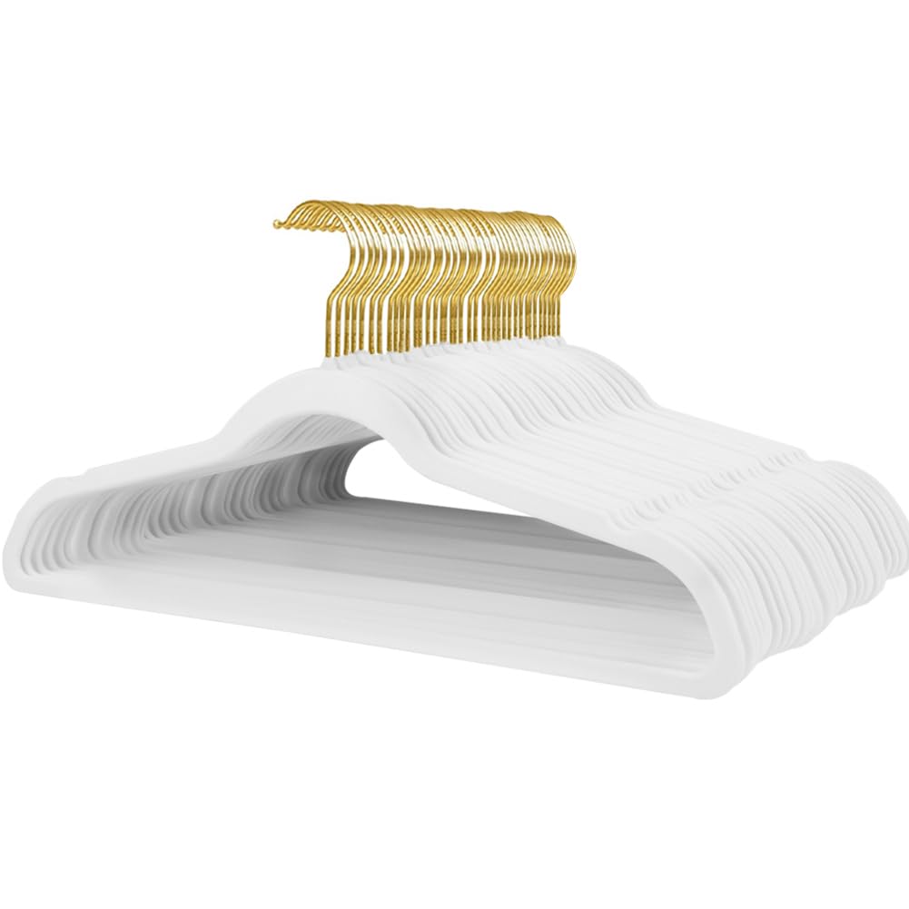 Stormix 36 Pack Velvet Hangers, 17.3 x 8.9 Inches Clothes Hangers, Non Slip Dresses Hangers with Shoulder Notches for Adult White - Gold Hook