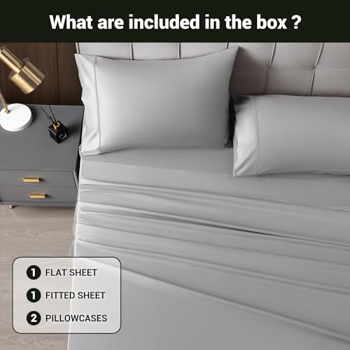 Image of Shilucheng 4 Piece Queen Sheet Sets, Cooling Sheets, Blend Rayon Derived from Bamboo, Deep Pocket Up to 16 inch, Breathable & Soft Bed Sheets, Hotel Silky Bedding Set, Grey