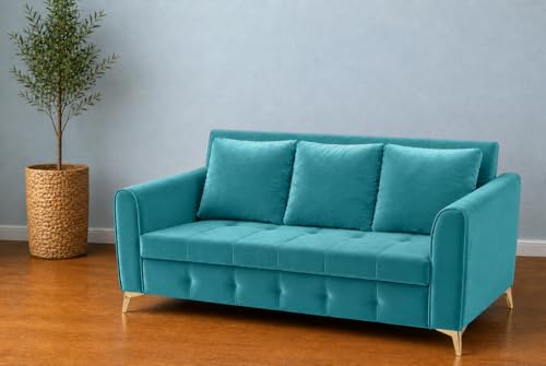 Image of Adorn India Premium Mystic - 3 Years Warranty - 3 Seater Sofa Cum Bed Velvet Suede Fabric - Aqua Blue