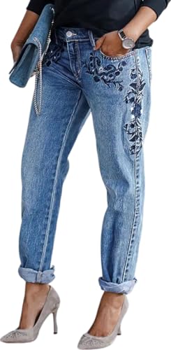 Women's Embroidered Slim Fit Jeans with Floral Patterns, Boyfriend Denim Pants