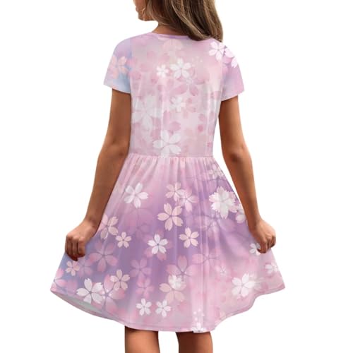 Image of Girls Dress with Pockets Basic Short Sleeve High Waist Swing Skater Dress School Party Dress for Kids
