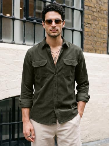 Image of Urbano Fashion Men's Corduroy Full Sleeve Regular Fit Solid Overshirt with Utility Pockets
