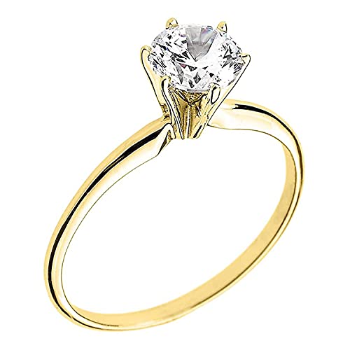 10K Yellow Gold Round Brilliant Cut Cubic Zirconia Solitaire 6 Prong Engagement Ring with Slender Band