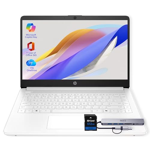 HP 14' Laptop · 576GB Storage · Microsoft 365 Included · 64GB + 512GB SD · 8GB RAM · HD Display · 12-Hour Battery · WiFi · Bluetooth · Windows 11 White