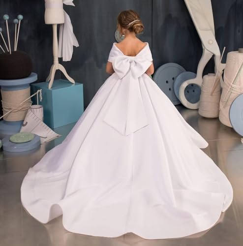 Off Shoulder Flower Girl Dresses for Wedding Satin Princess Pageant Dress First Communion Dress with Bow3