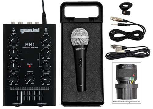 Audiosavings Bundle: Gemini MM1 Professional Audio Pocket-Sized 2-Channel DJ Mixer w/ 2-Band EQ Bundle with Rockville RMC-XLR High-End Metal DJ Handheld Wired Microphone Mic w (2) Cables (2 Items)