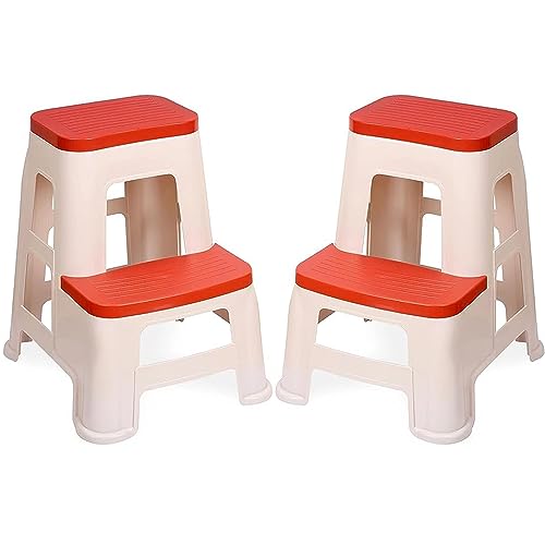 Image of SKYGLAMOUR Multi-Colour 2-Step Plastic Stool for Kitchen | Office&Home Use with Weight Bearing Capacity of 120 Kg |2 Step Stool for Home| Color: Red; Pack of 2