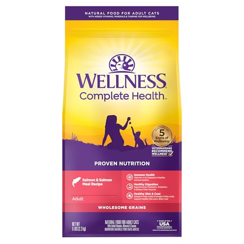 Wellness Complete Health Adult Dry Cat Food for Indoor and Outdoor Cats, Wholesome Grains, Natural, Salmon & Salmon Meal (5 Pound Bag)