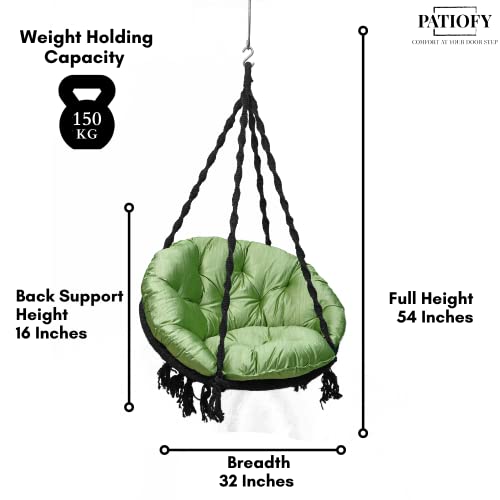 Image of Patiofy Premium Round Shaped Swing for Adults /Jhula for Adults /Swing for Balcony /Hammock Swing /Jhoola for Adults Outdoor /150kgs Weight Capacity /Includes Large Green Sitting Cushion(Black-32Inches)