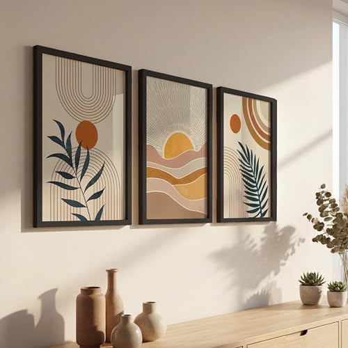 Image of NoWorries Boho art Framed Painting Set of 3 | Abstract prints mid century modern decor Frames | Sun wall art neutral wall decor minimalist line art | Botanical leaf prints scandinavian wall art Fame | Beige aesthetic Decor for living room, bedroom, office and gallery (Art-14, 13x19inch, Wooden)