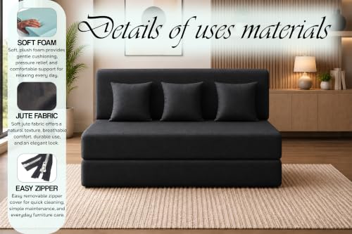 Image of Sofa Cum Bed with Jute Fabric, Convertible Three Seater Sofa Bed 5x6 Ft, Comfortable Cushioned Seating, Space Saving Design for Living Room, Bedroom & Guest Room - Black Color