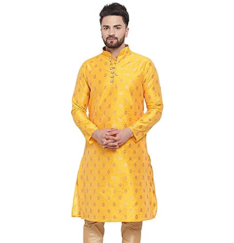 Mens Kurta Set Festive Season Men's Tunic Art Cotton Kurta Pajama Wedding Party Suit Dress Festivals Season Ethnic Party Dress Suit 2-Piece Set By WAKAR MANSURI SHOP (Yellow, 5XL - 60 x 66 Inches)3