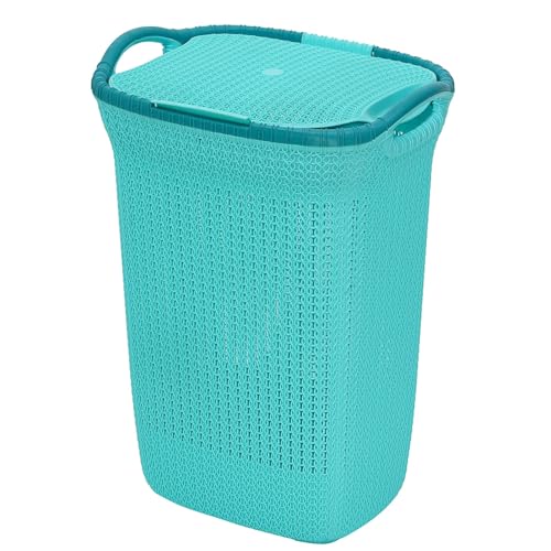 Image of Plastic Laundry Basket with Lid | 60L Extra Large Knit Hamper | Strong & Durable | Ideal for Bathroom, Bedroom & Kids Room | Multipurpose Cloth Storage Organiser | 36 x 46 x 61 cm | Marina Blue