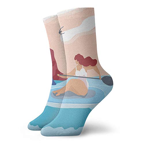 Fashion Compression Socks,Abstract Water Sports Themed Doodle Seascape Of Girl On Surfboard With Paddle,Performance Polyester Cushioned Athletic Crew Socks for Running,Athletic, -12 inch