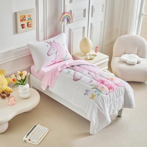 Image of Unicorn Toddler Bedding Set for Girls Light Pink Unicorn Flowers 4PC Toddler Bed Set - Soft Blue Yellow Butterfly Cute Princess Toddler Bed in a Bag with Pink Sheet Set and Pillow Shams