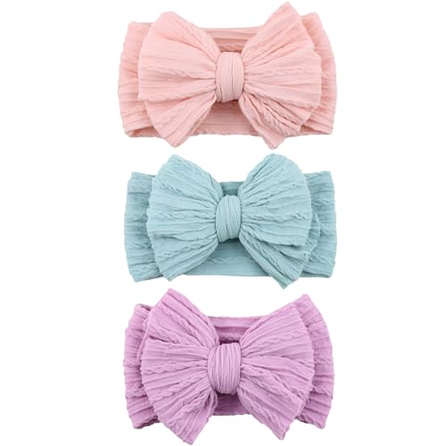 Image of DRESHOW BQUBO Handmade Baby Headbands Soft & Stretchy Hair Bands with Bows Nylon Bows Hairbands for Girls Newborn Infant Toddlers Hair Accessories 3 pack