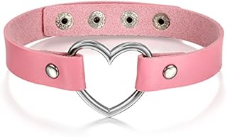 Oidea Pink Adjustable Leather Heart Charm Choker Necklace for Women Girls Party Cosplay