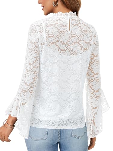 بلوزة انيقة من الدانتيل للنساء من فيرتيج، بلوزة شفافة باكمام طويلة وقبة وهمية، لون ابيض، مقاس XL