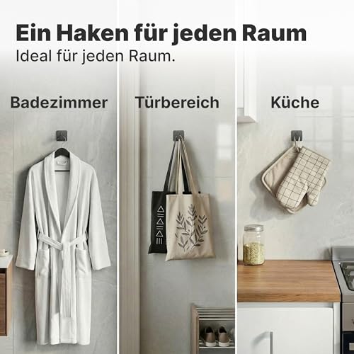 Minismus Handtuchhaken Selbstklebend ohne Bohren, Haken zum Kleben für Bad und Küche, Schwarze Klebehaken Badezimmer, Haken Selbstklebend Edelstahl, 6er Set