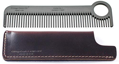 Chicago Comb Model 1 Carbon Fiber Comb + Mahogany Brown Horween leather sheath, Made in USA, ultimate pocket & travel comb, smooth strong & light, anti-static, premium Chromexcel leather sheath