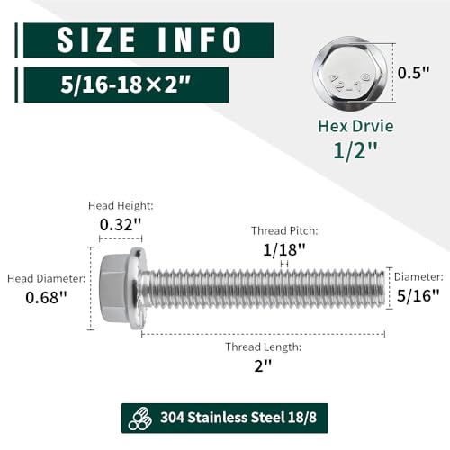 Image of 5 /16-18 x 2 inch Flanged Hex Head Bolts Screws, 304 Stainless Steel 18-8, Full Thread, Coarse Thread, 10 PCS